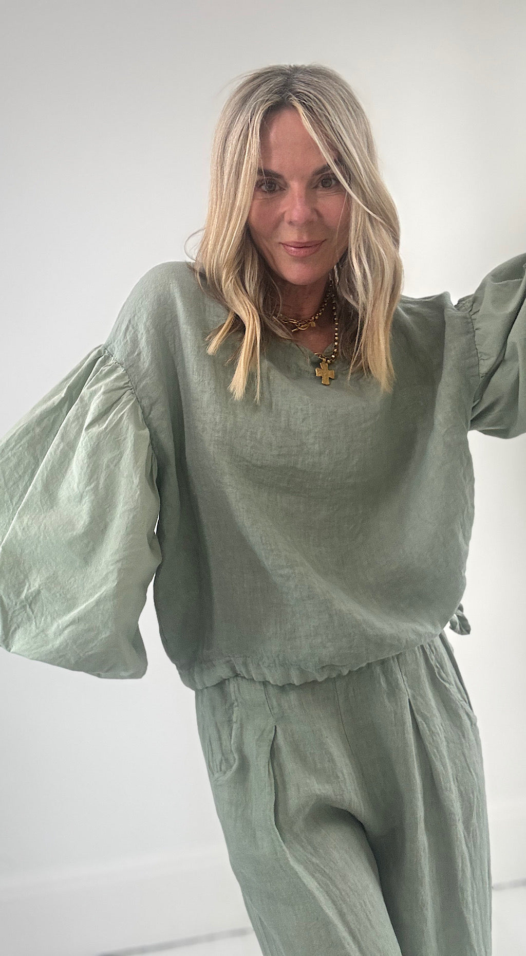 Puff Ball Linen Top - sage