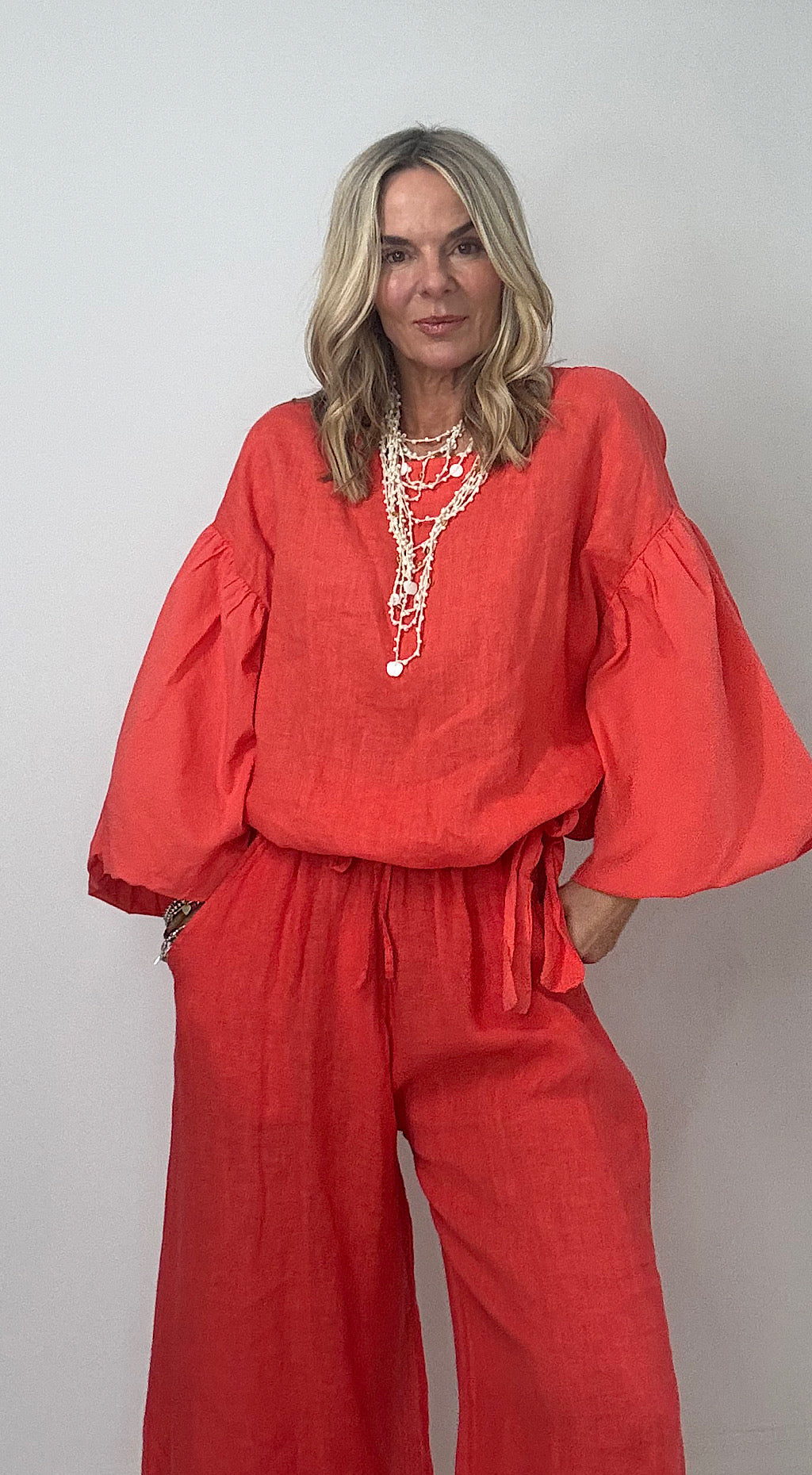 Puff Ball Linen Top - coral