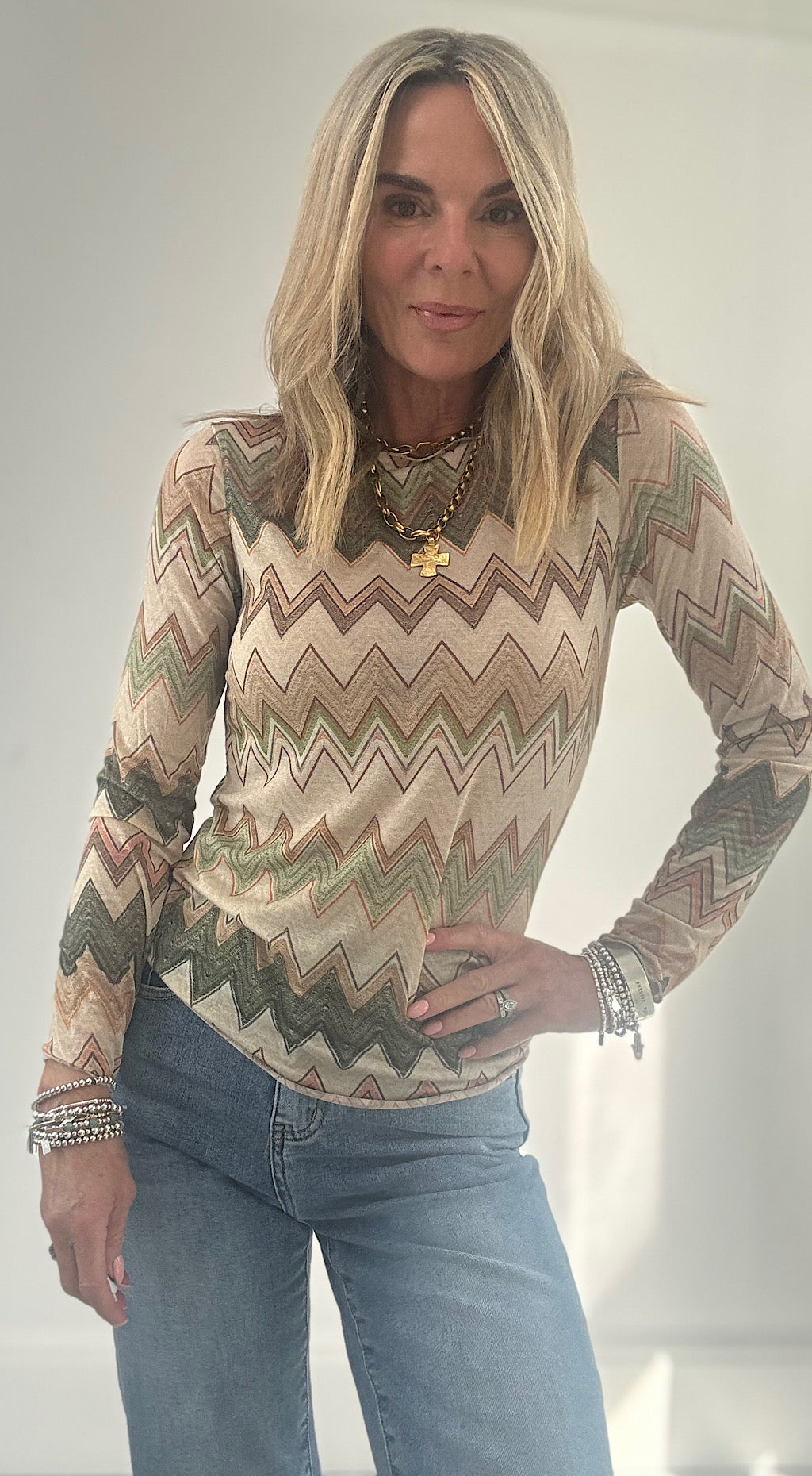 Zig Zag Cashmere Mix Top - khaki