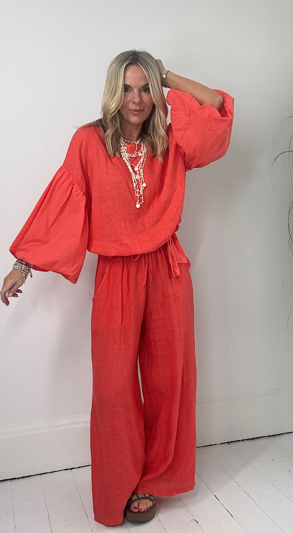 Puff Ball Linen Top - coral