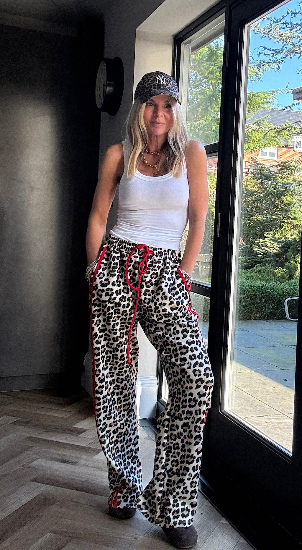 Leopard side stripe track pant red
