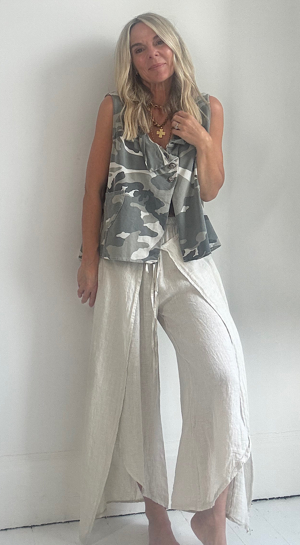 Linen wrap pants stone