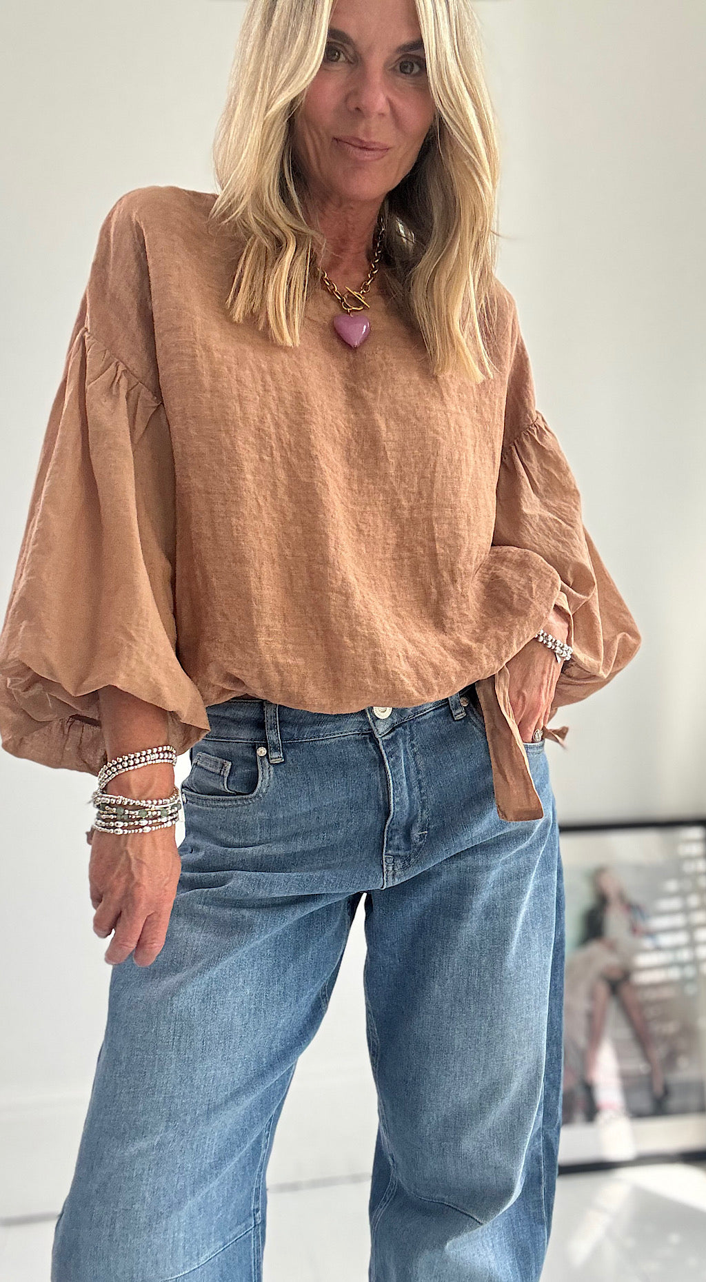 Puff Ball Linen Top - camel