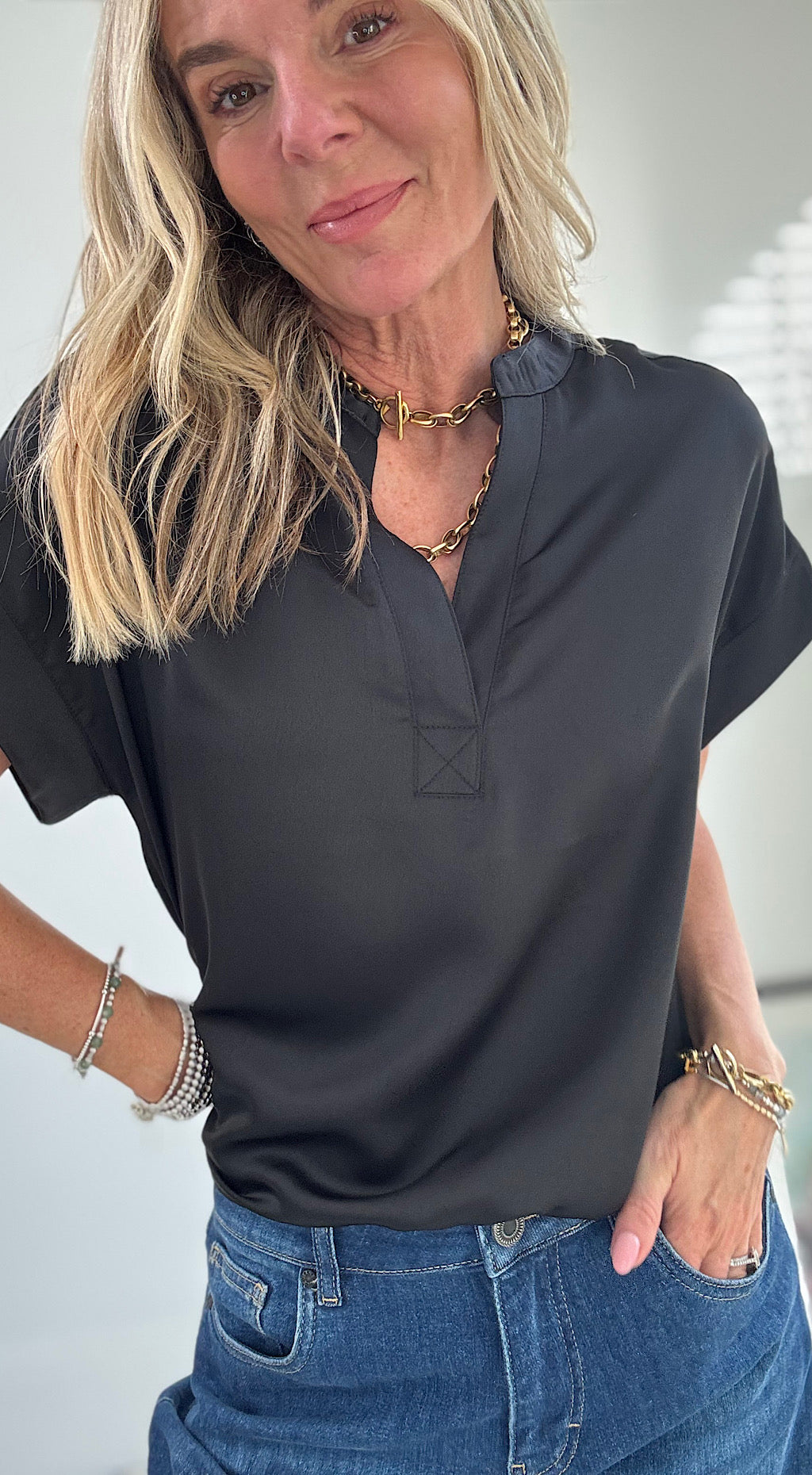 Selita Placket Neck Blouse - Black
