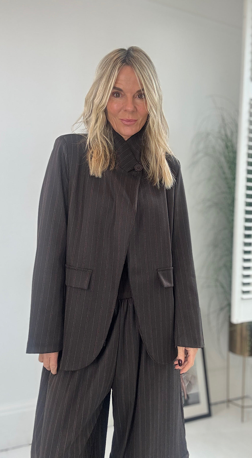 One Button Blazer - Chocolate Pinstripe
