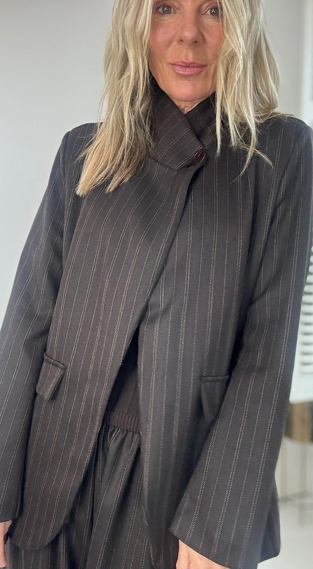 One Button Blazer - Chocolate Pinstripe