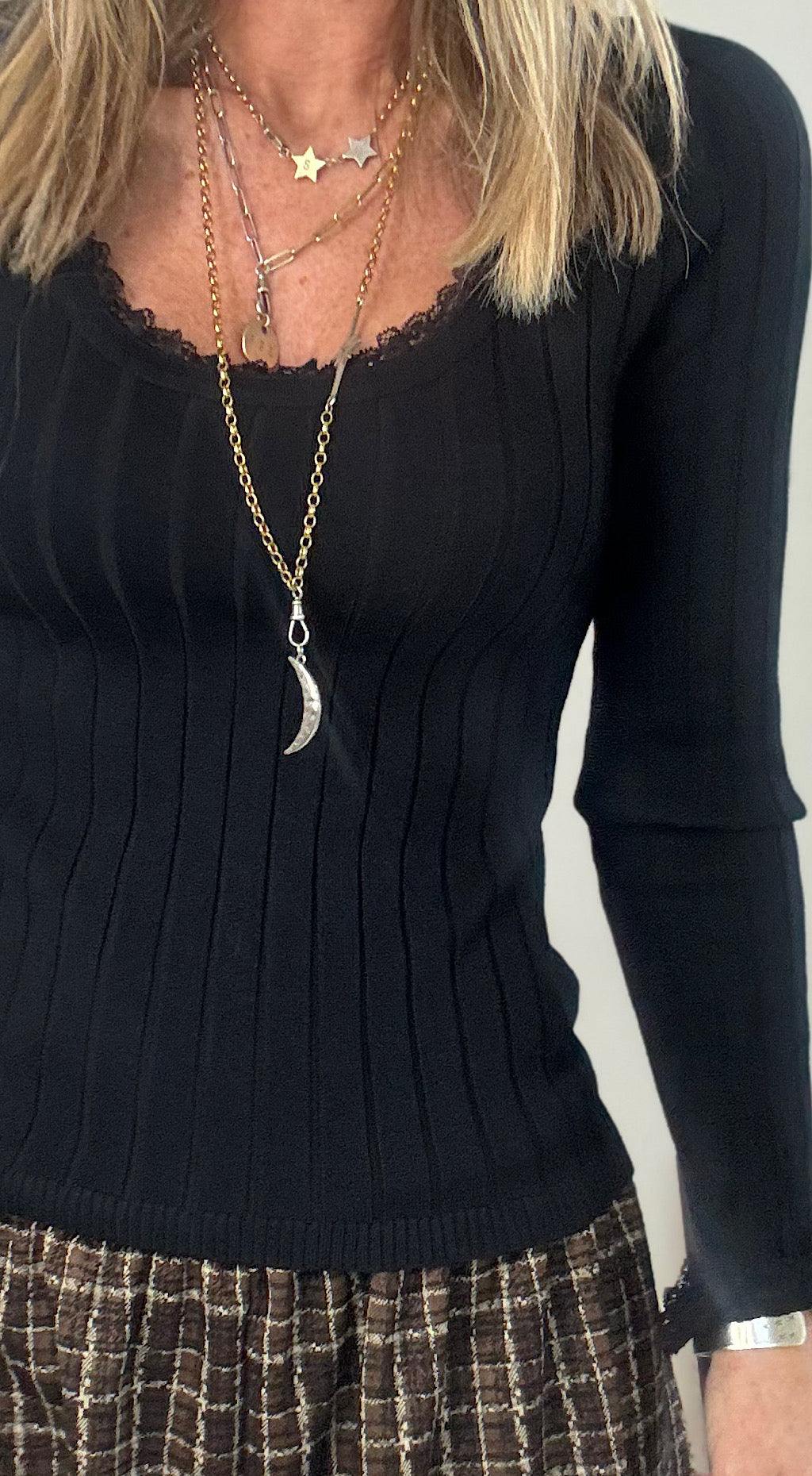 Lace Trim Ribbed Top - Black