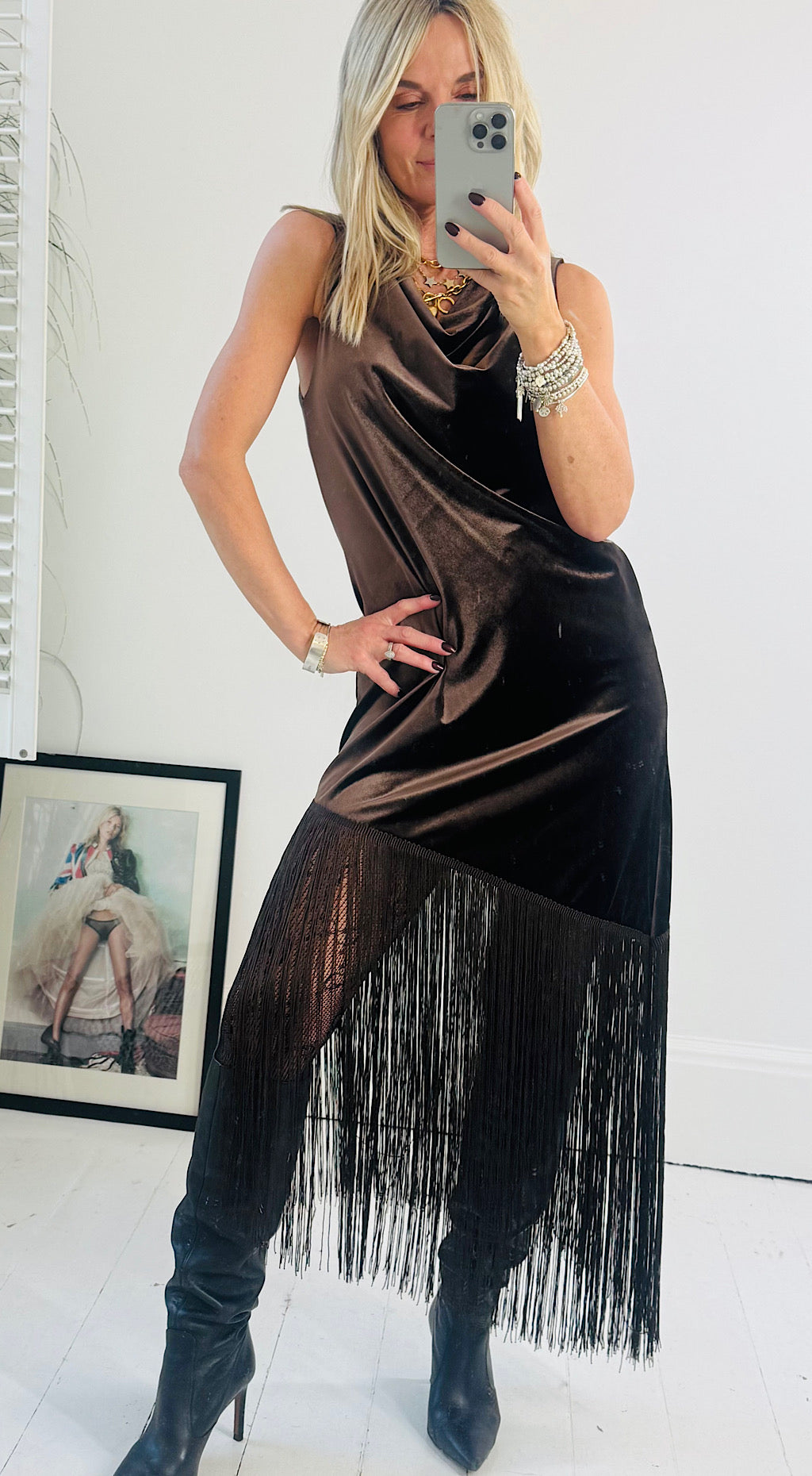Velvet Asymmetric Tassel Dress - Chocolate