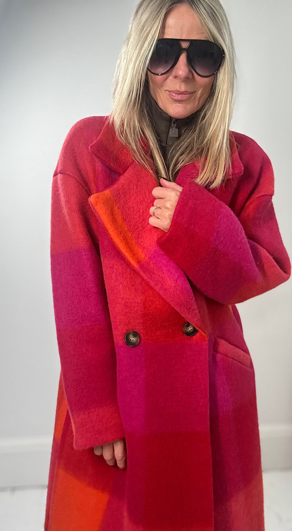 Check Wool Coat - Orange/Pink Mix