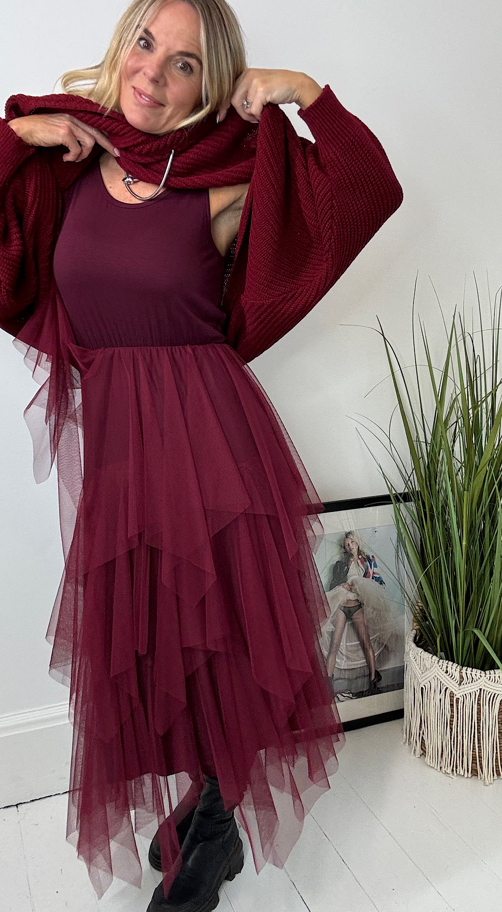 Ribbed Jumper Tulle Dress Burgundy