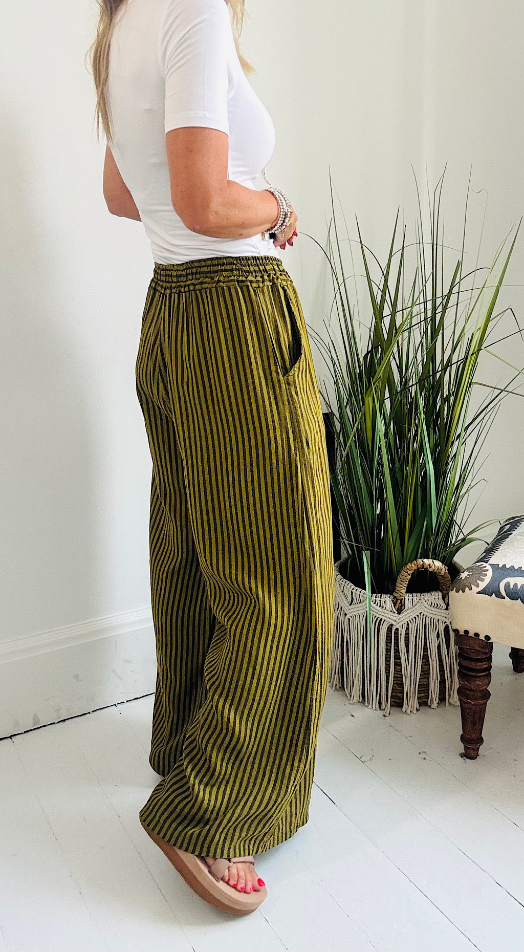 Linen Striped Pant - green/brown mix