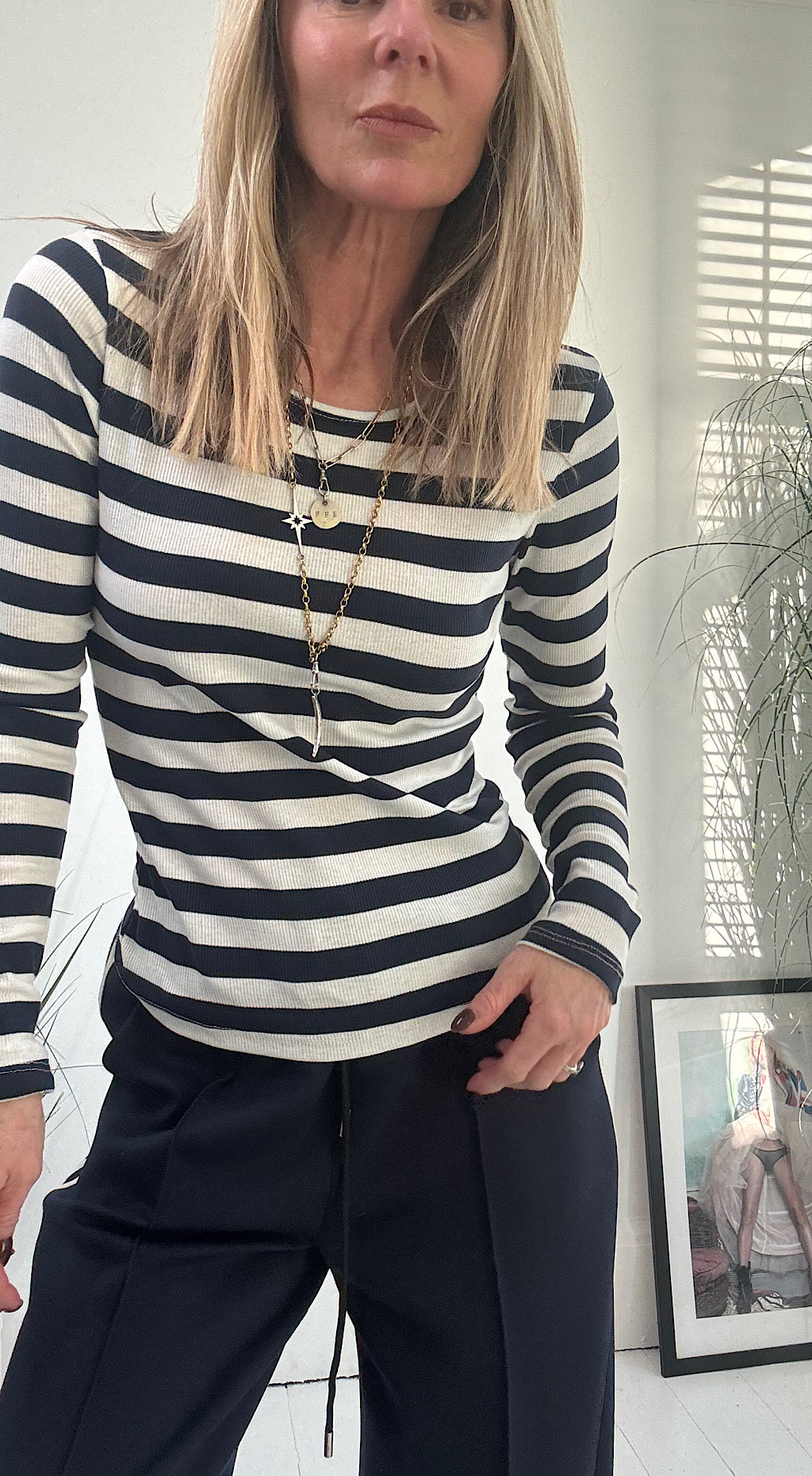 Striped Long Sleeve Top - navy