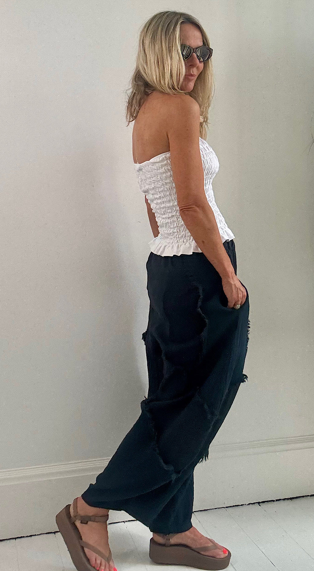 Frayed detail linen pants navy