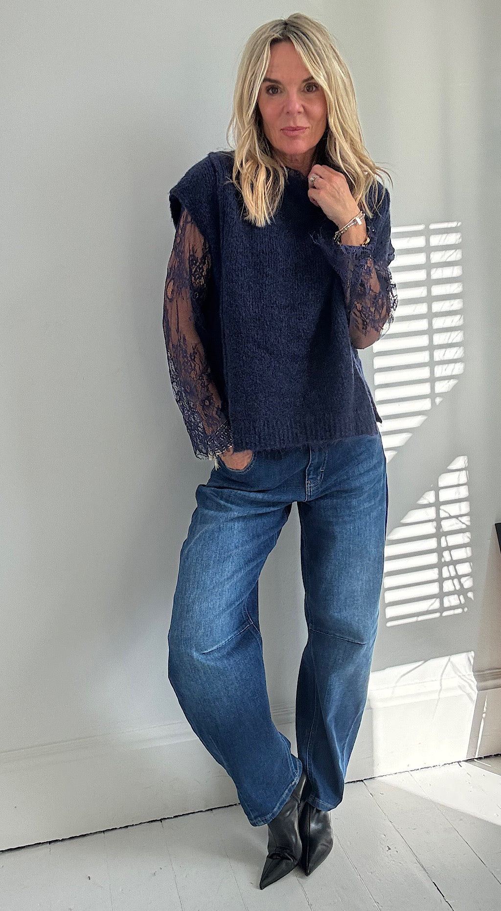 Lace Sleeve Knit - navy