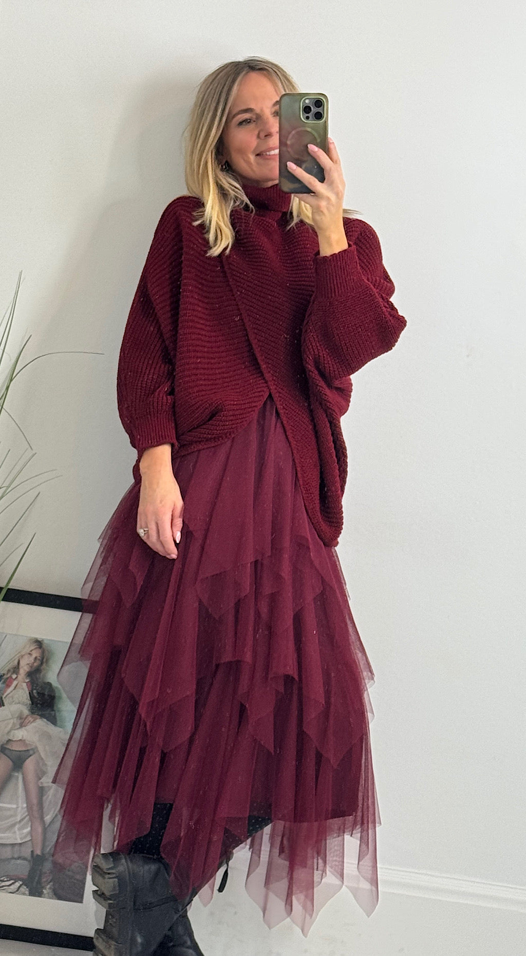 Ribbed Jumper Tulle Dress Burgundy