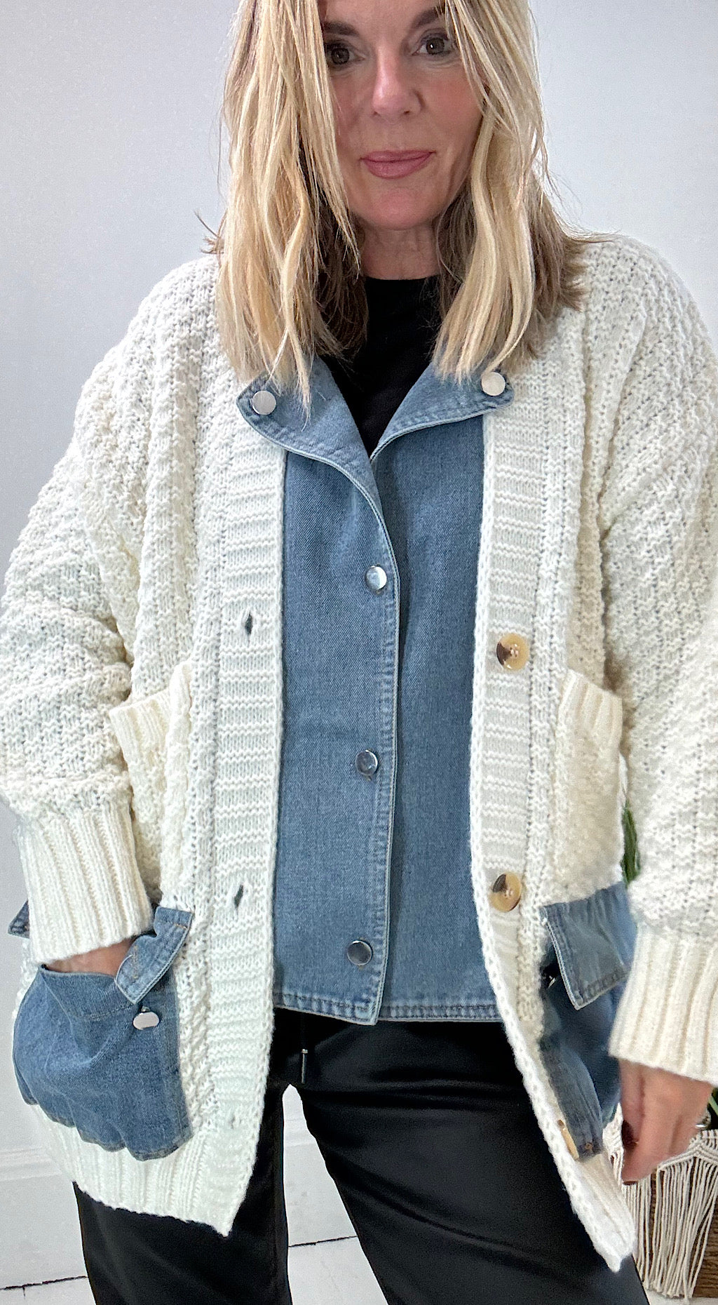 Denim Mix Cardigan Cream