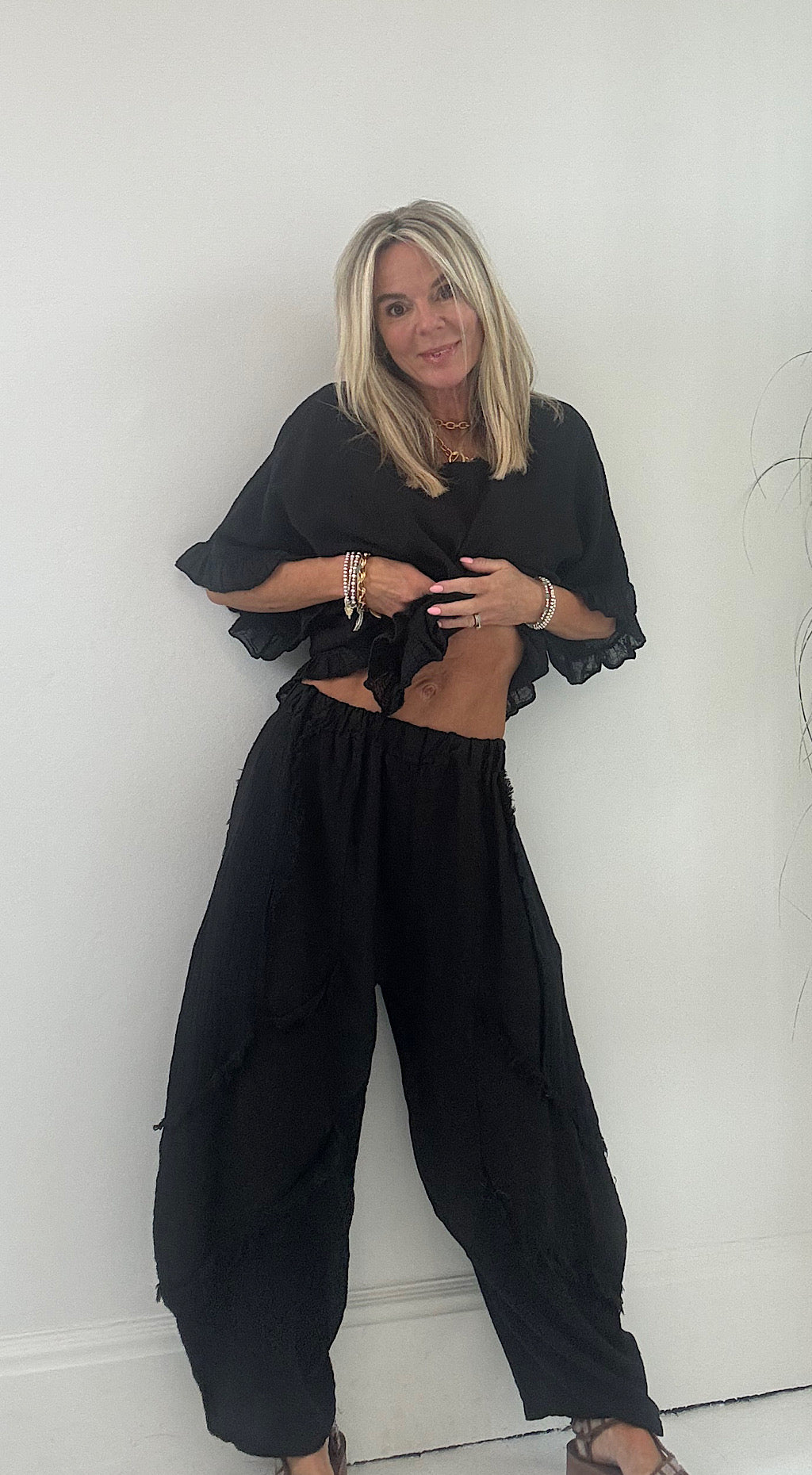 Frayed detail linen pants black