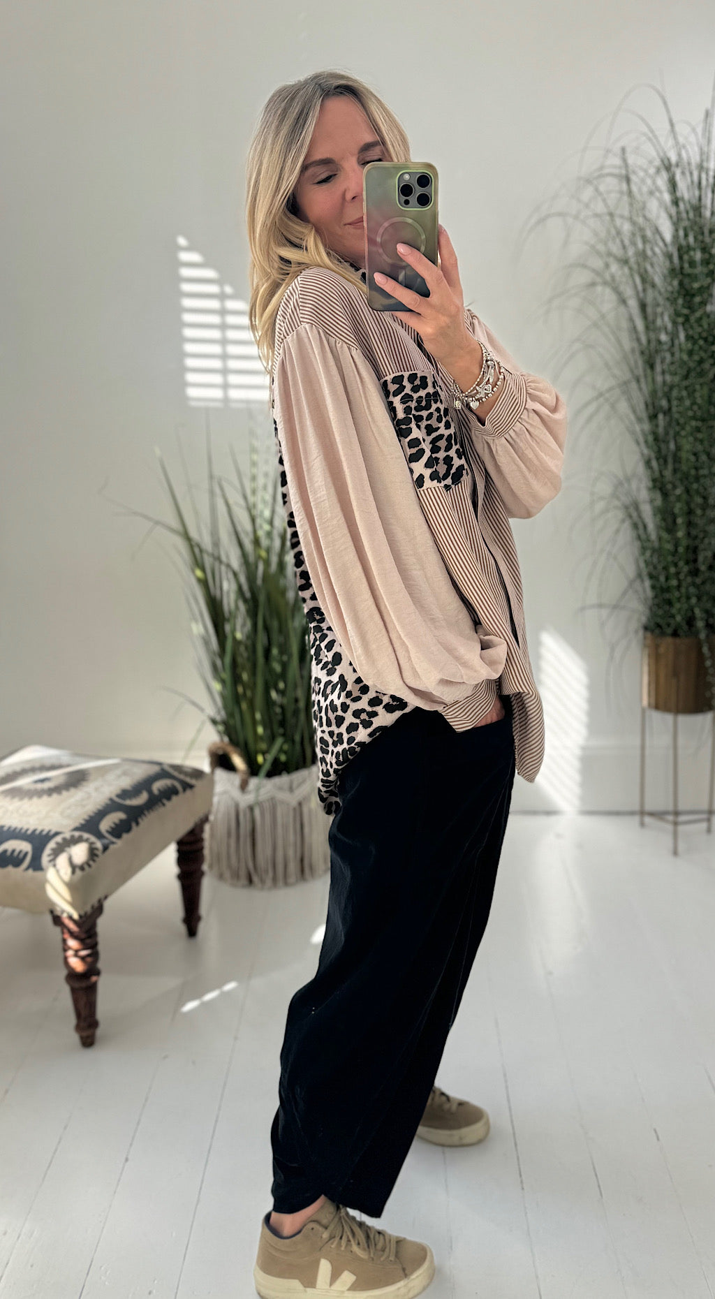 Cotton leopard stripe shirt beige