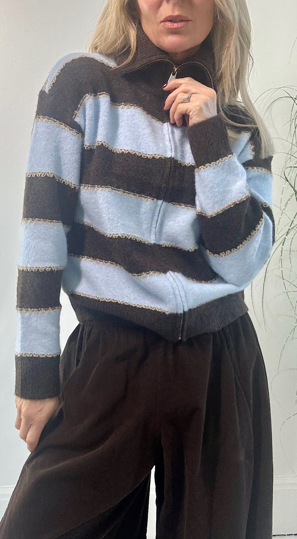 Zip Front Striped Cardigan