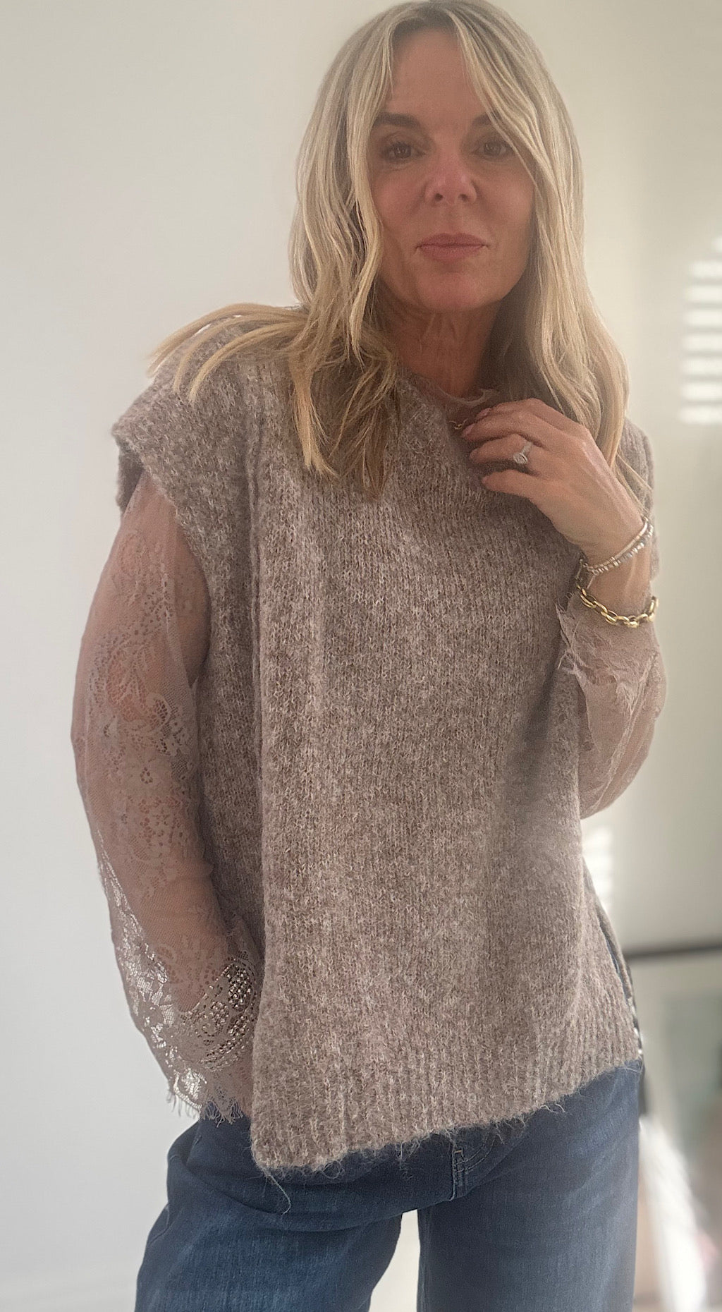Lace Sleeve Knit - mocha