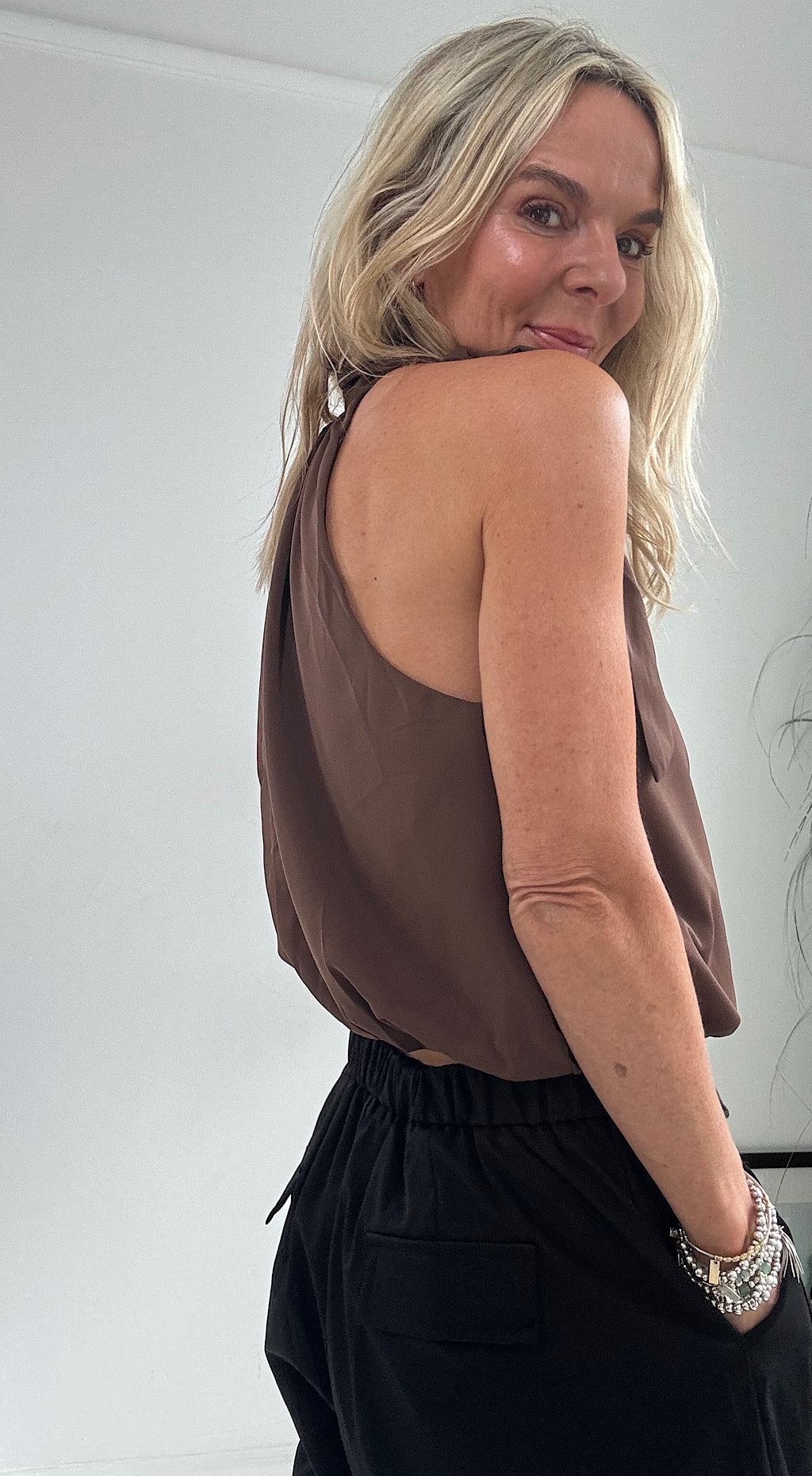 Puff Ball Halter Top - chocolate