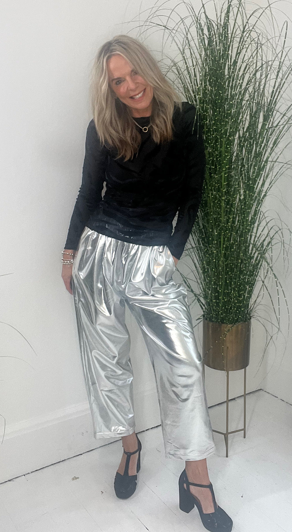 silver metalic pants