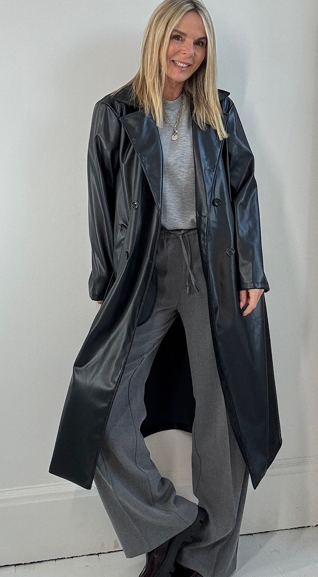 Vegan Leather Trench Coat - Black