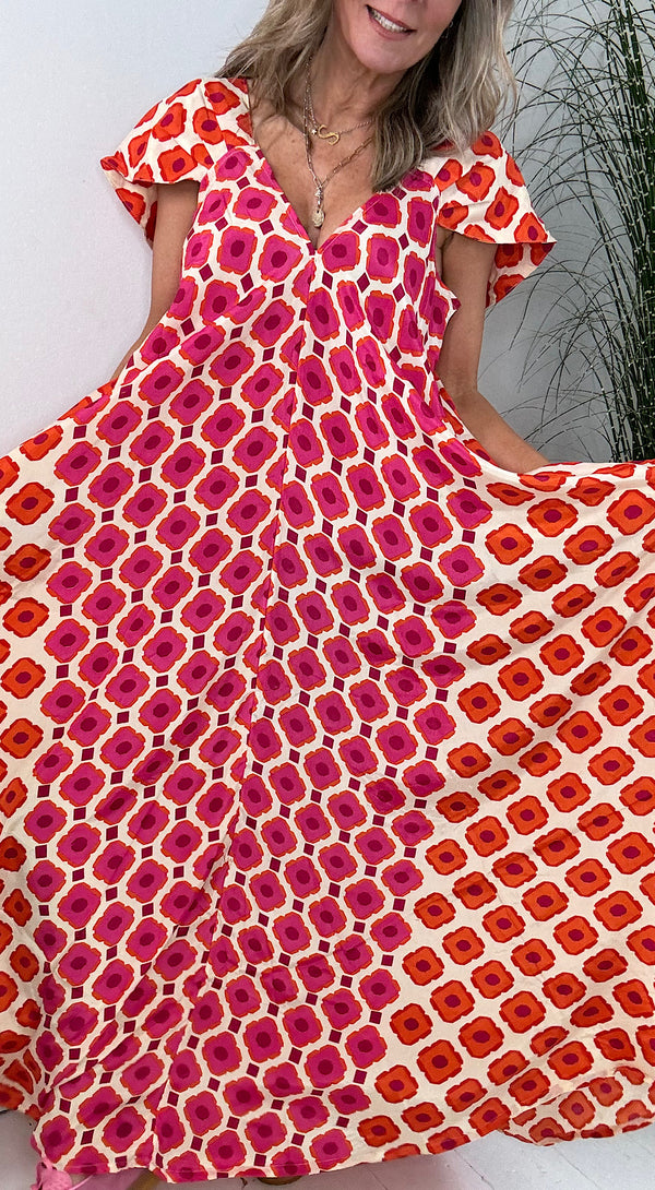 Pocket Maxi Dress - Pink Retro Print