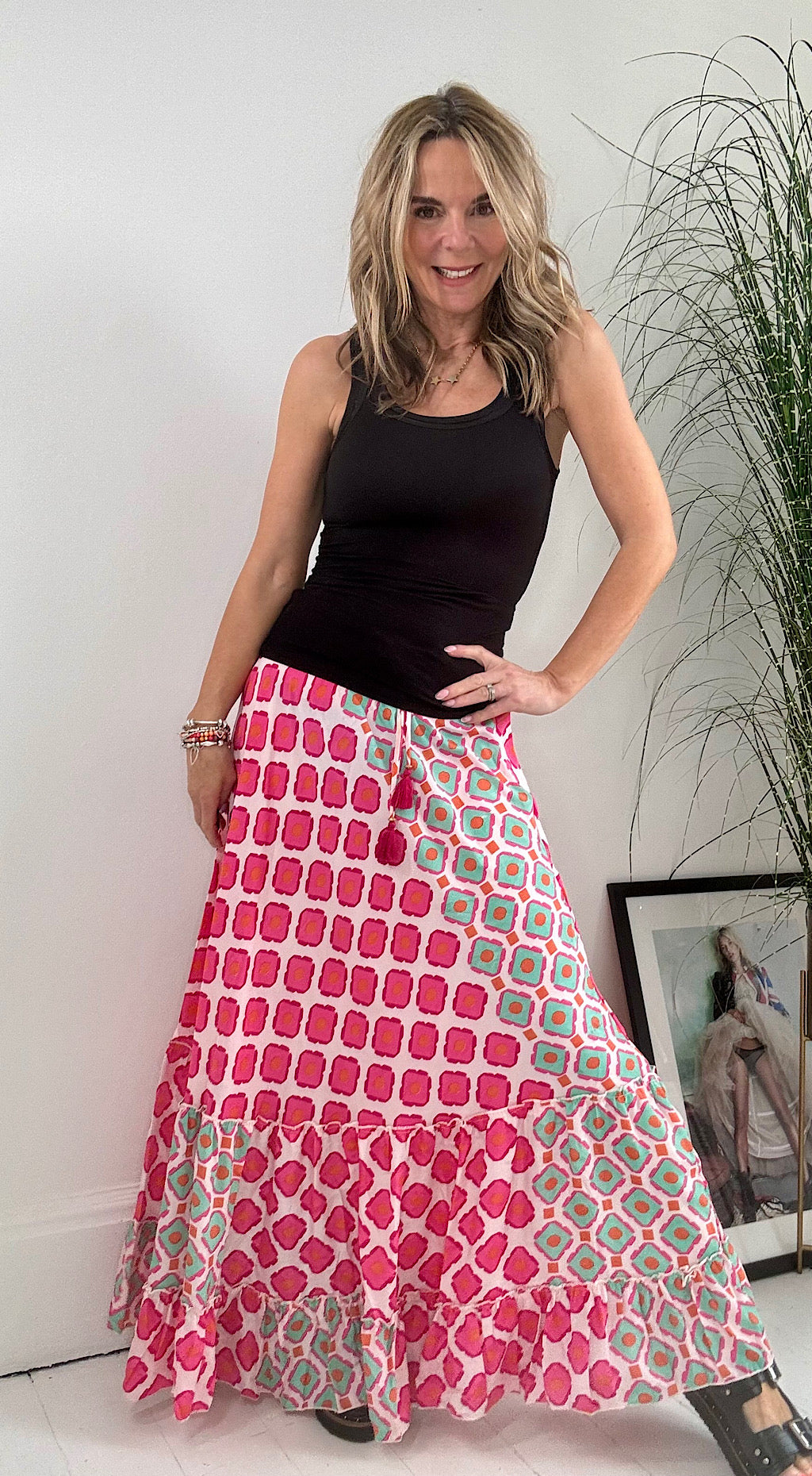 Retro print maxi skirt - pink mix