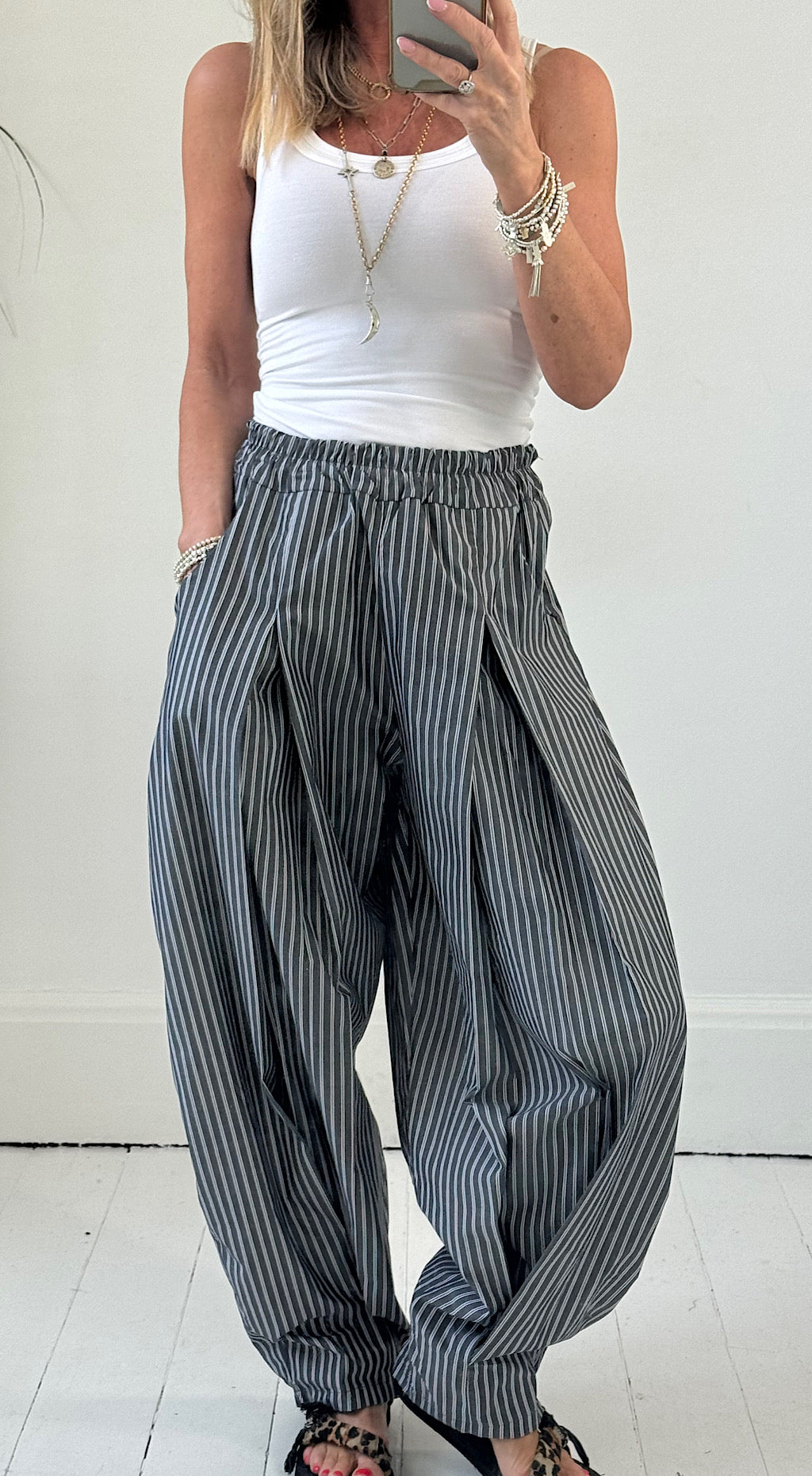 Cotton Striped Cocoon Pant - grey