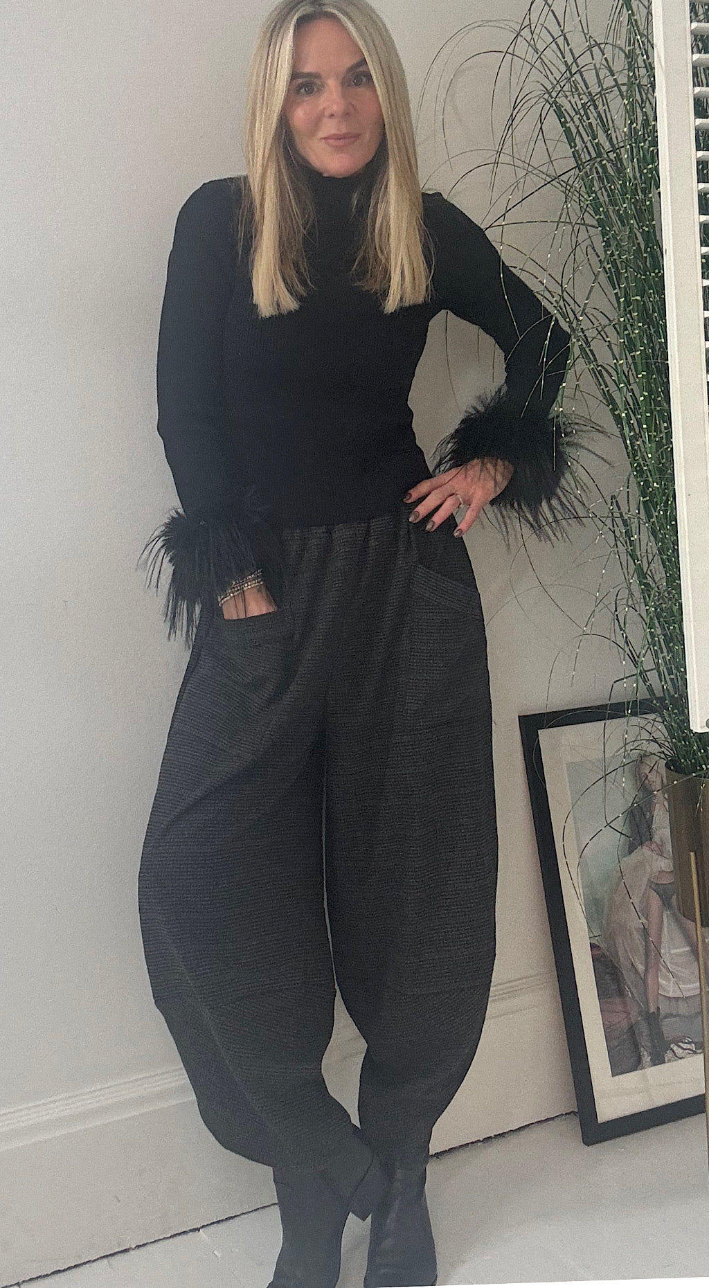 Tweed Pocket Cocoon Pant - black mix