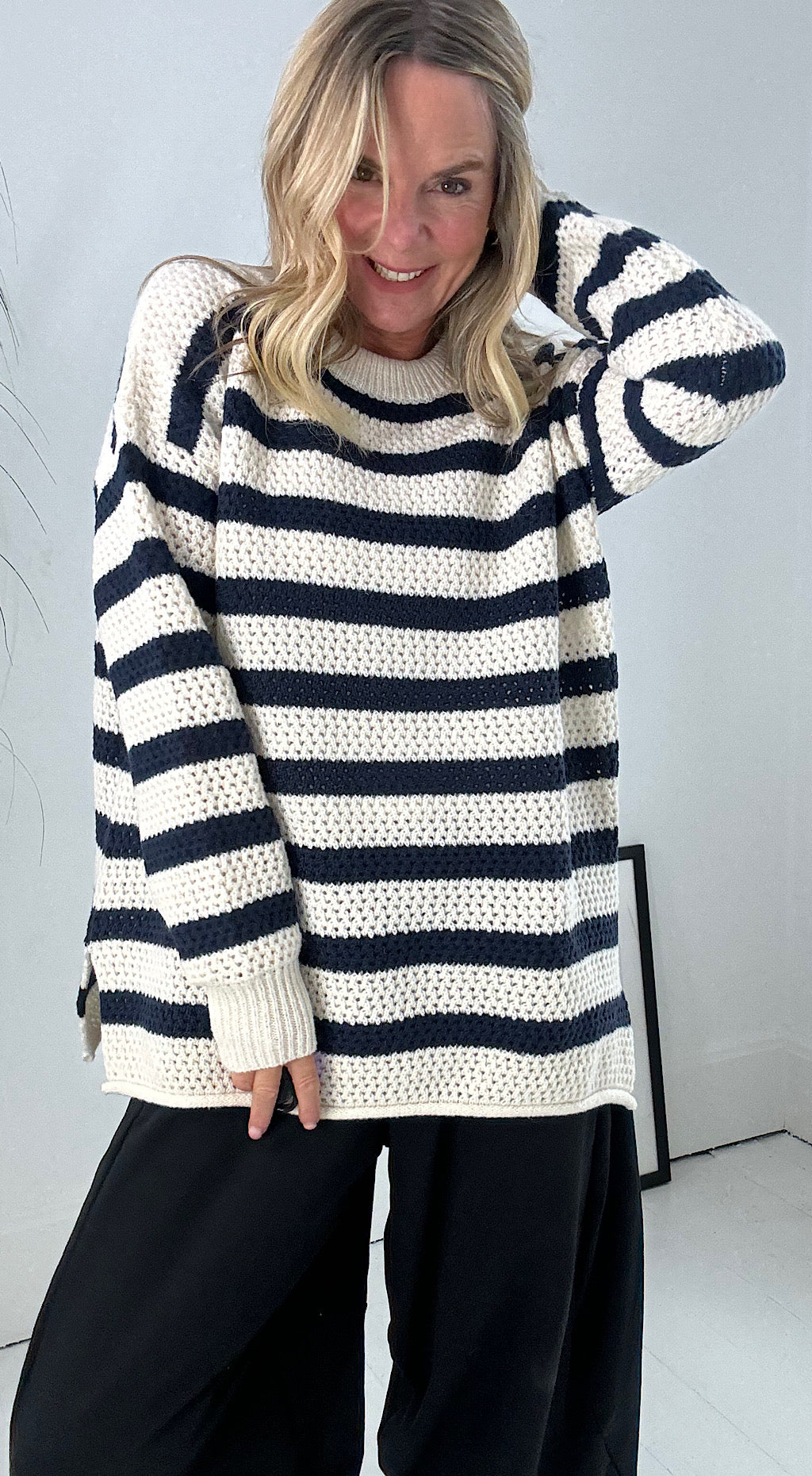 Waffle Striped Knit - navy/cream