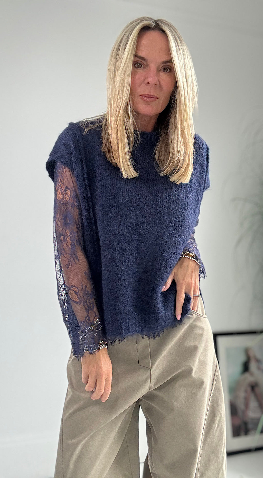 Lace Sleeve Knit - navy