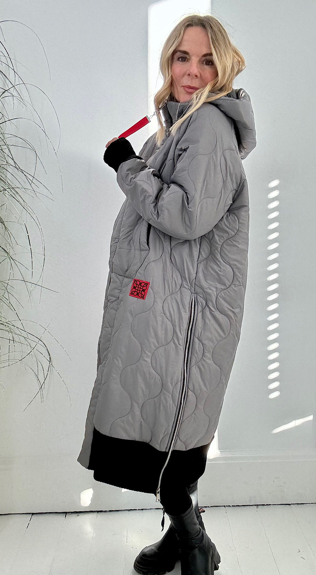 Red Tab Quilted Coat - grey