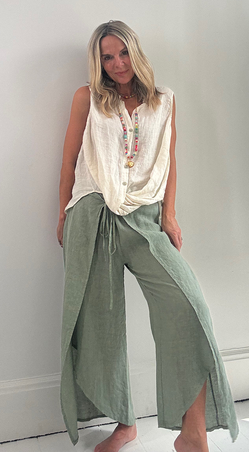 Linen wrap pants sage