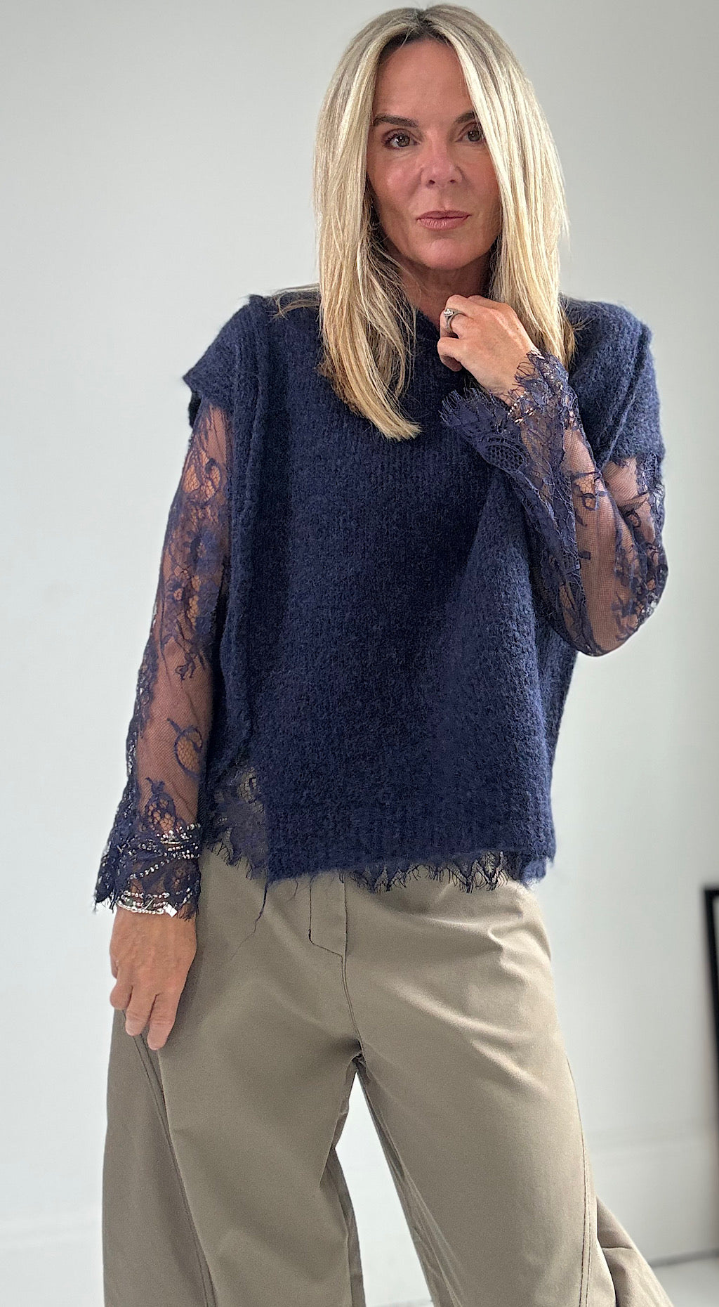 Lace Sleeve Knit - navy