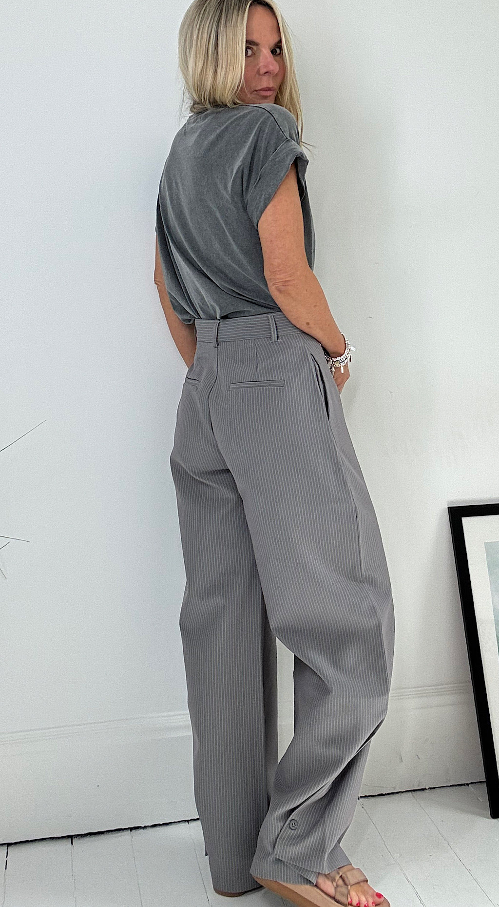 Barrel leg pinstripe trousers