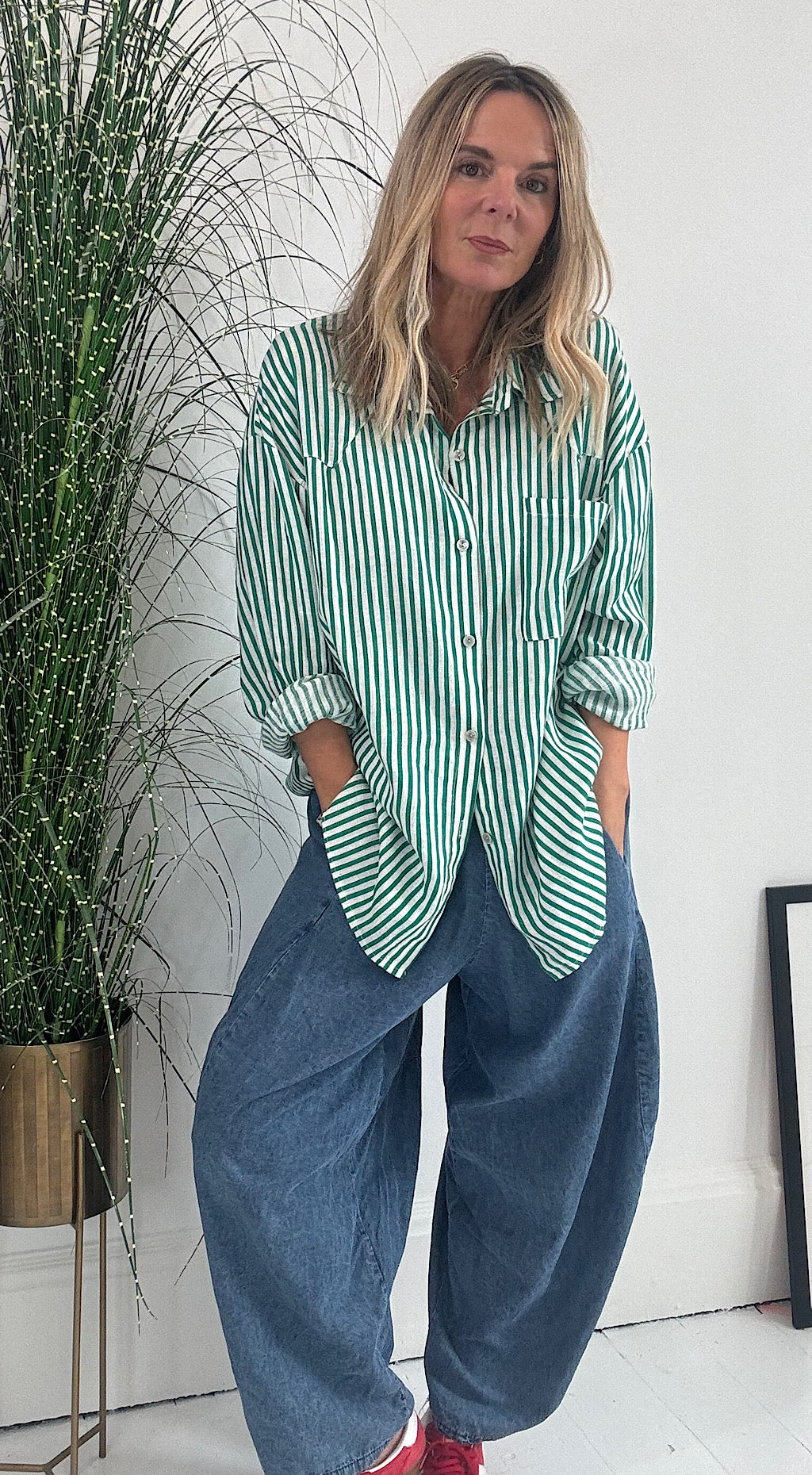 Linen Striped Shirt - green/white