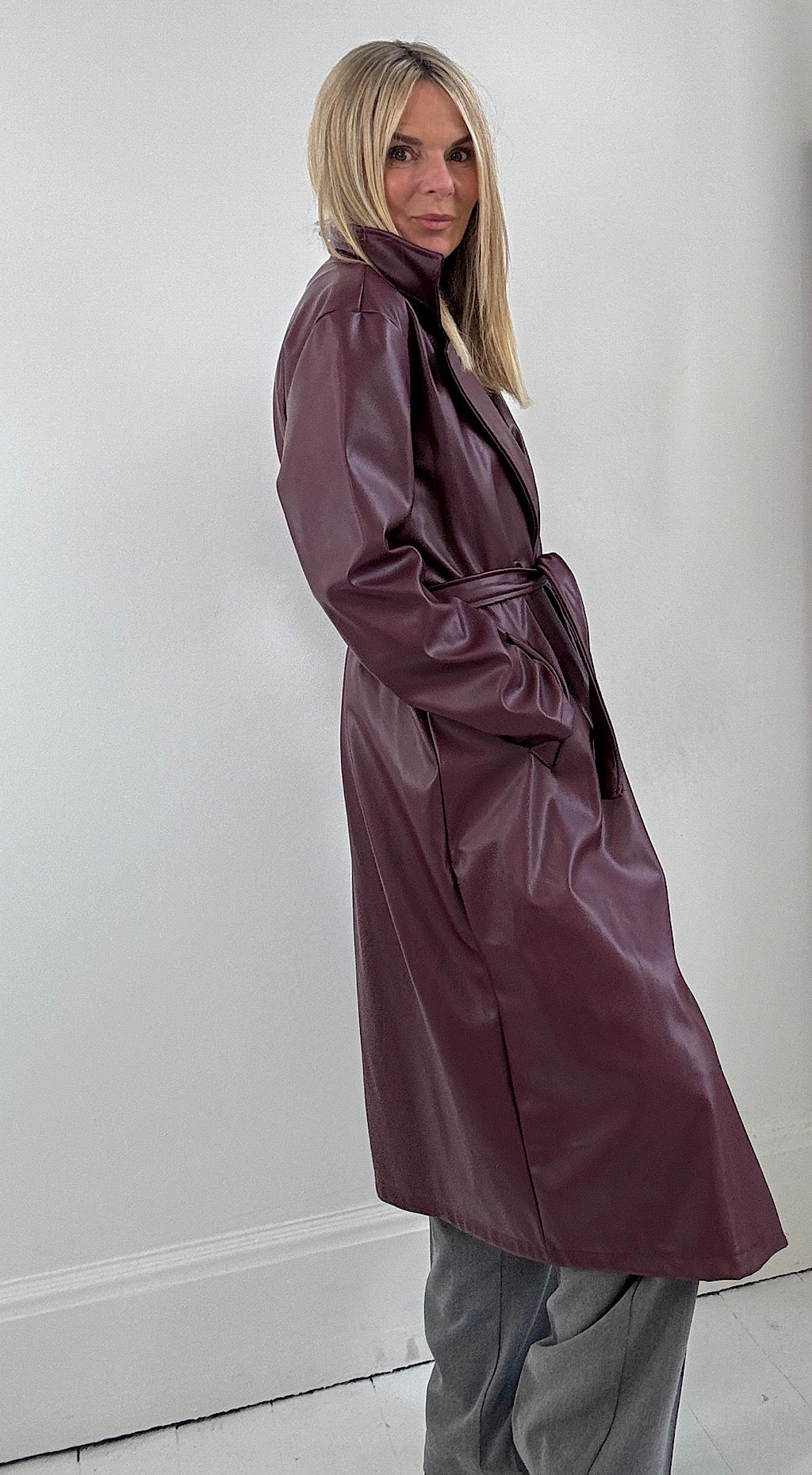 Vegan Leather Trench Coat - Burgundy