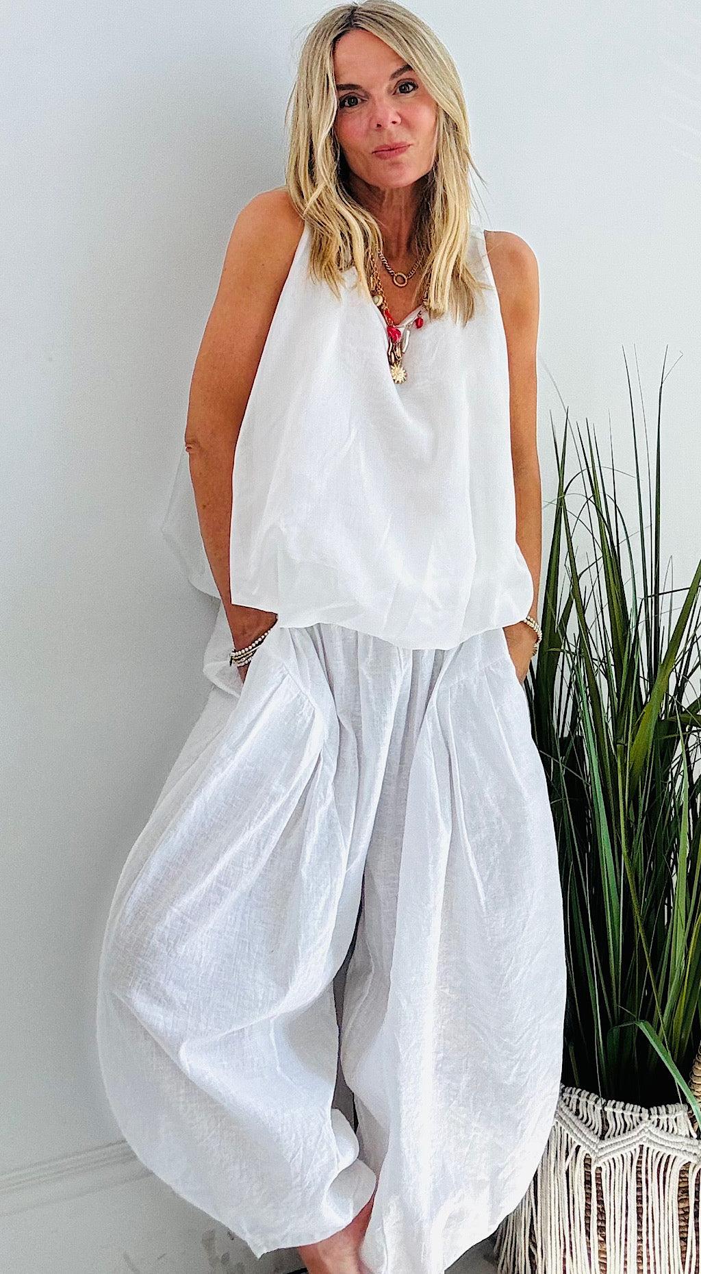 Linen Cocoon Barrel Pant - white