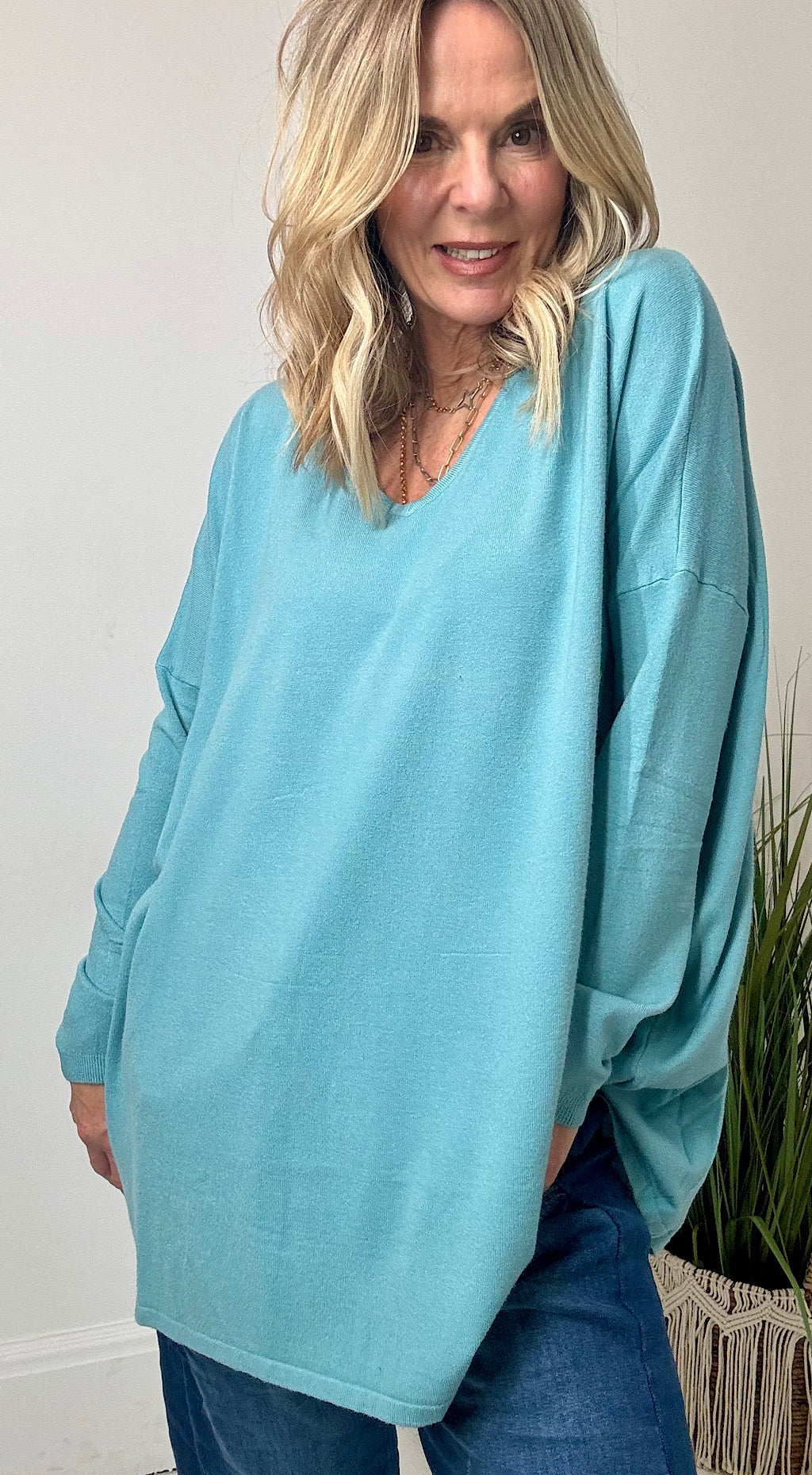 Relaxed V-Neck Soft Knit - Duckegg