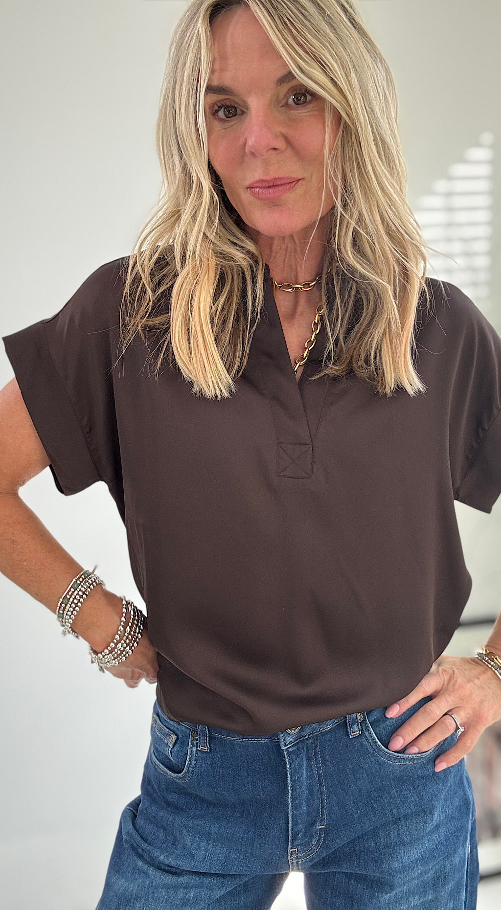 Selita Placket Neck Blouse - Chocolate