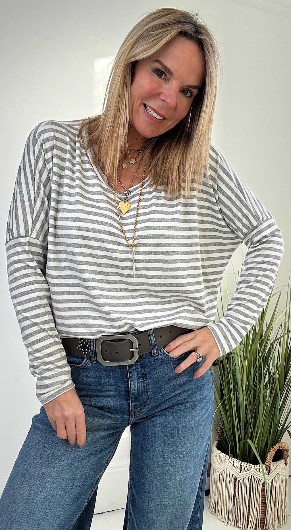 Basic Batwing Striped Top - grey