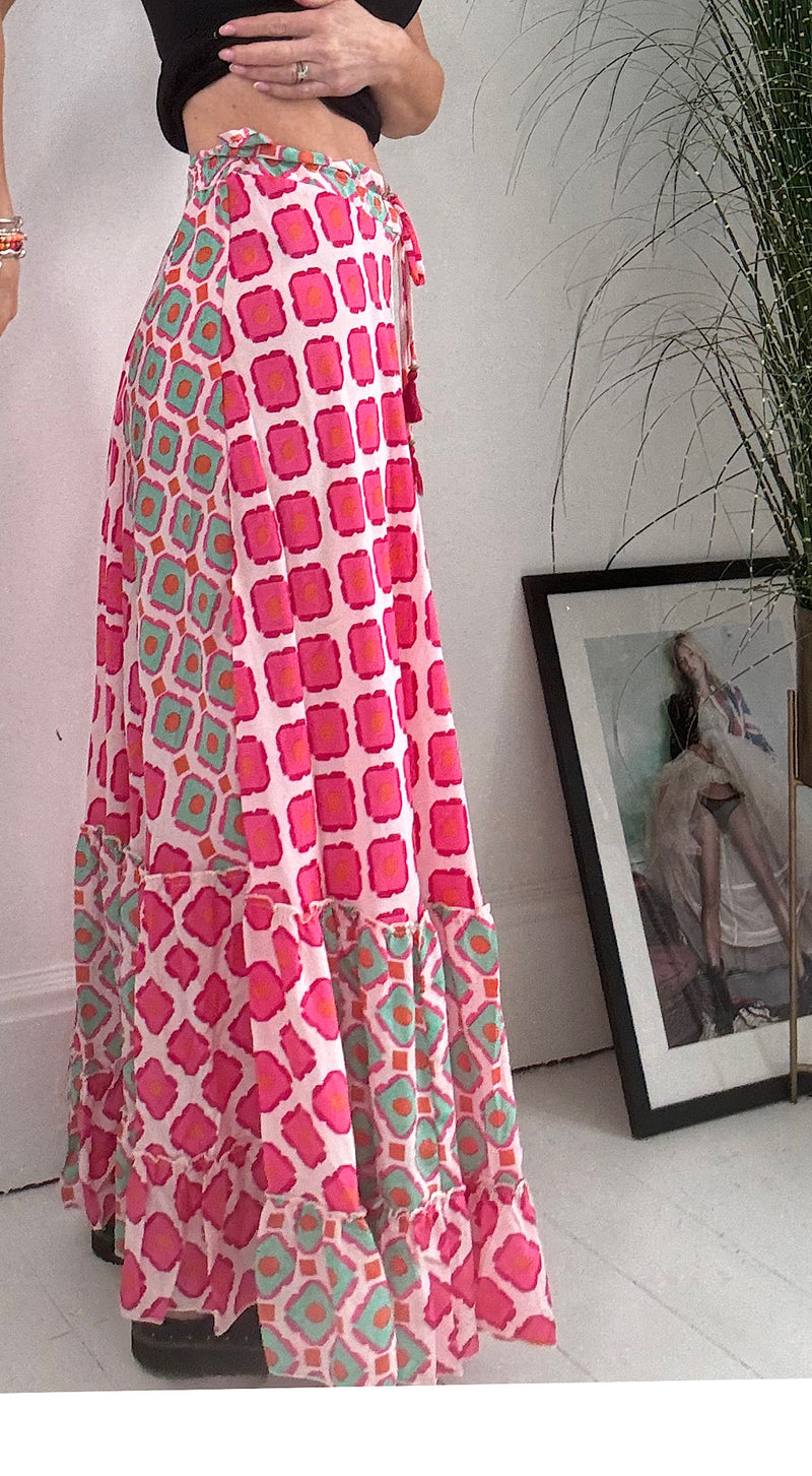 Retro print maxi skirt - pink mix