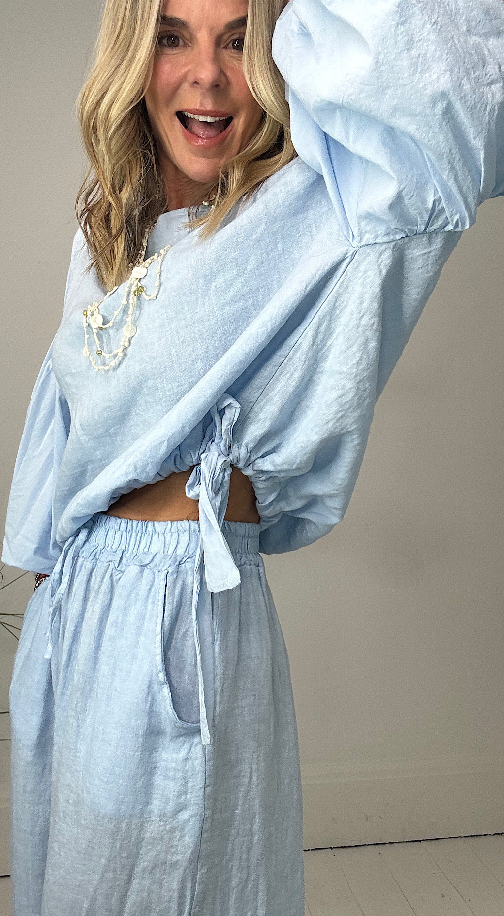 Puff Ball Linen Top - pale blue