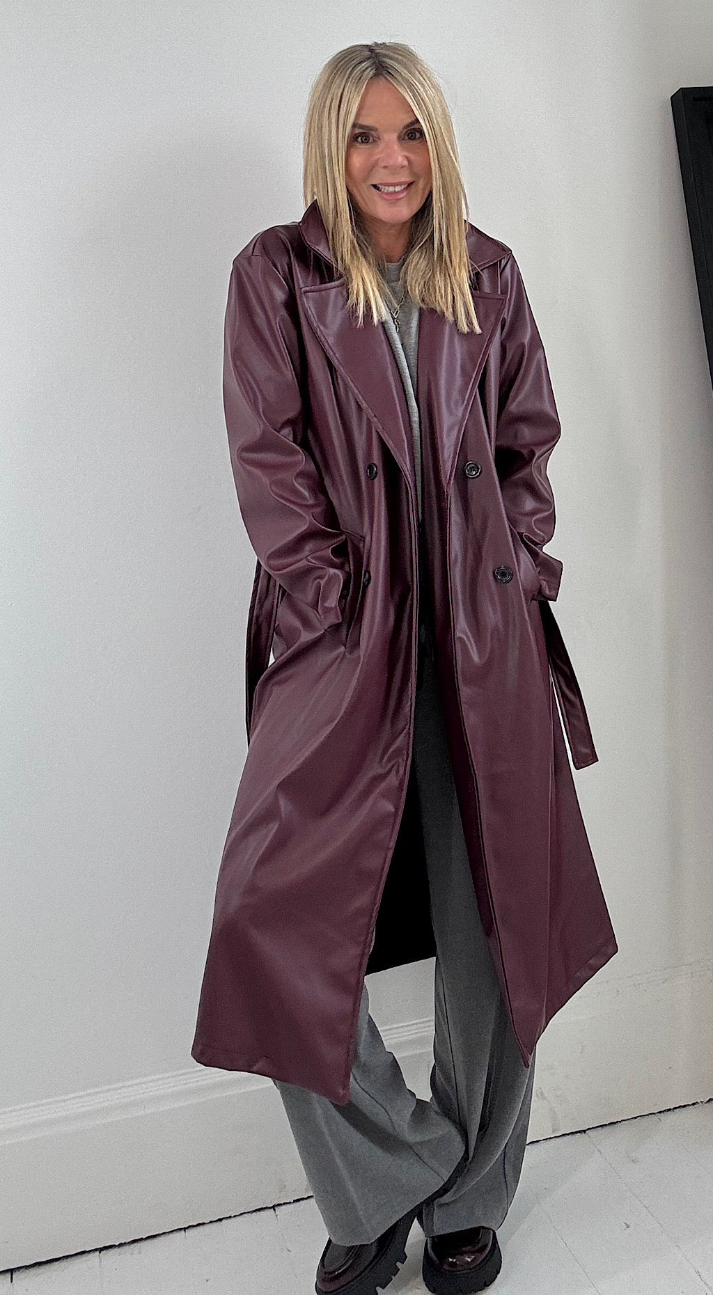 Vegan Leather Trench Coat - Burgundy