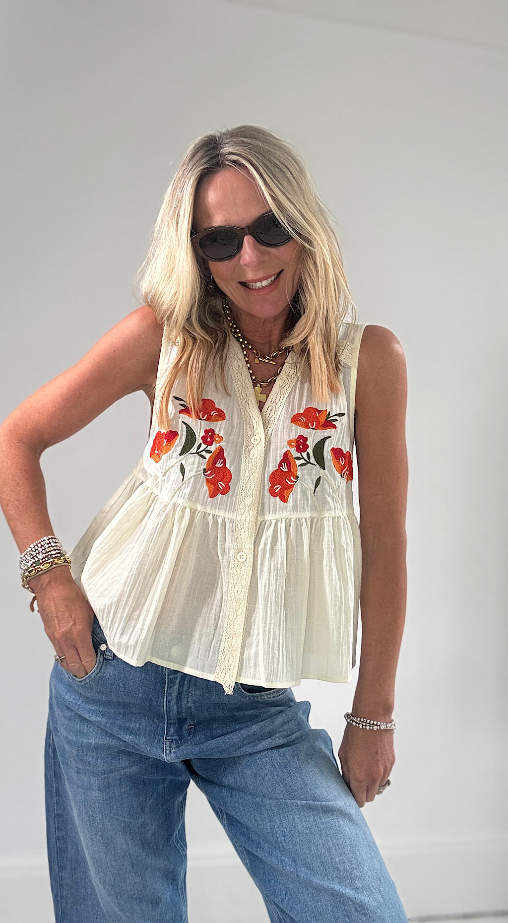 Peplum Embroidered Top - cream