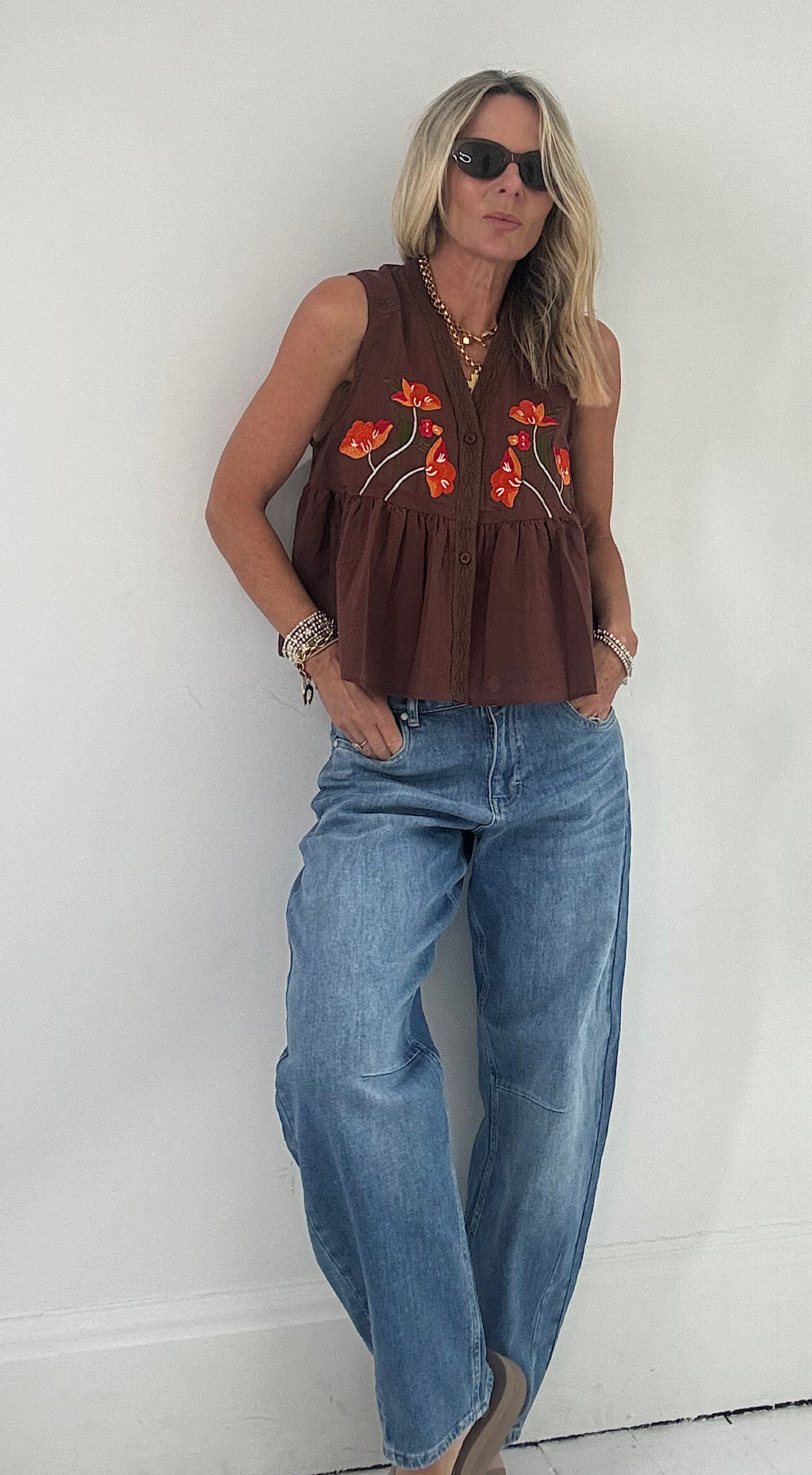 Peplum Embroidered Top - brown