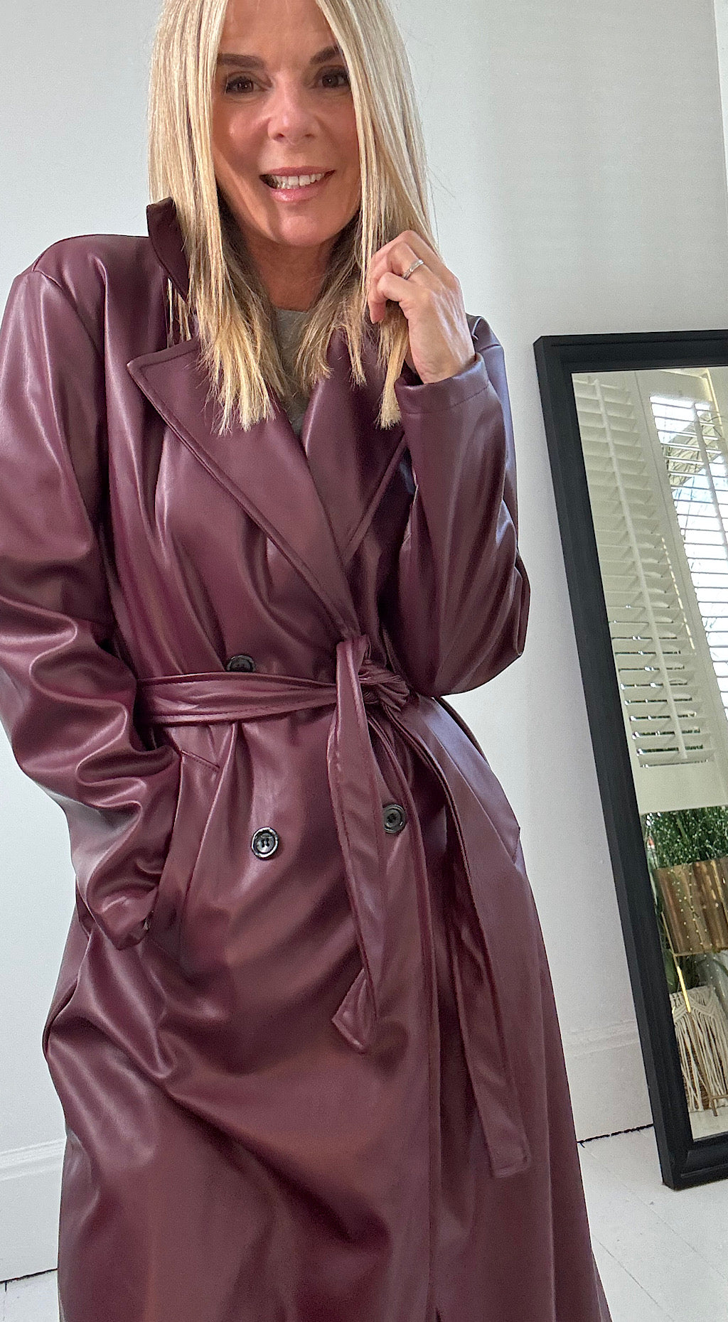 Vegan Leather Trench Coat - Burgundy