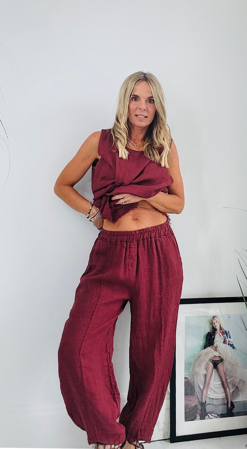 Peg linen pant burgandy